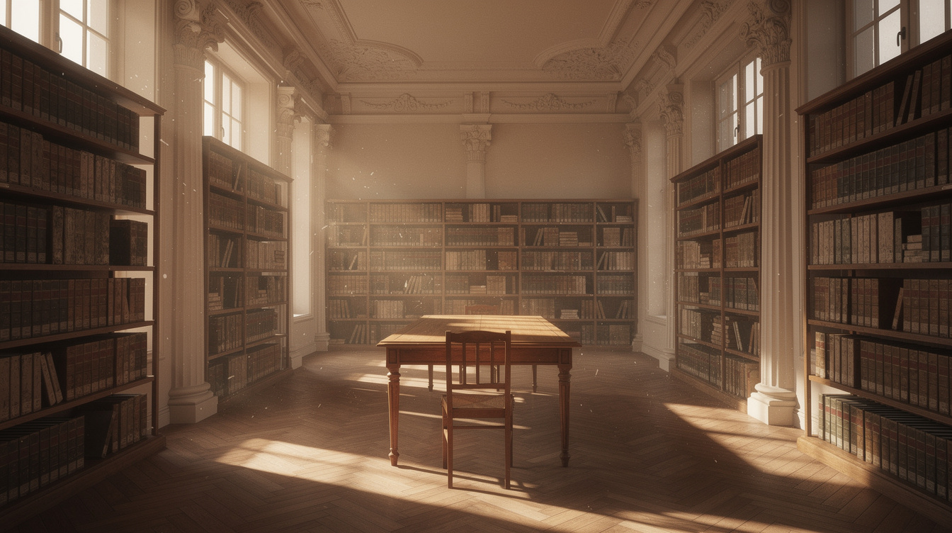Quiet library reading room with warm light