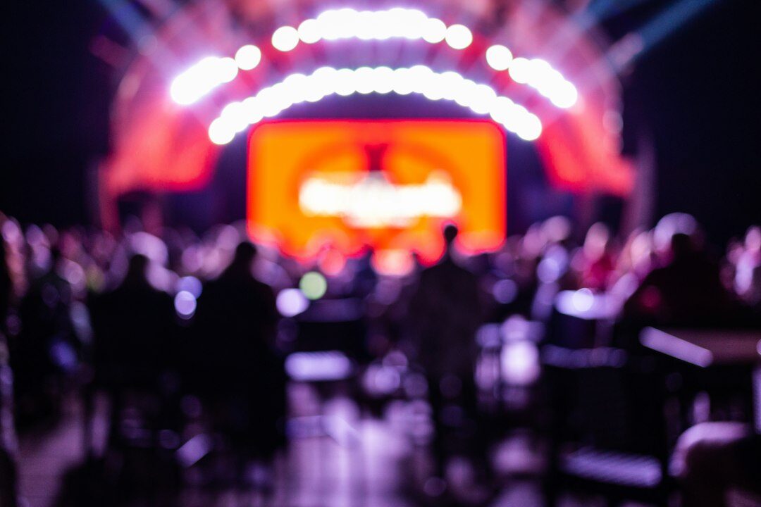 Blurred crowd of people watching an event under stage light